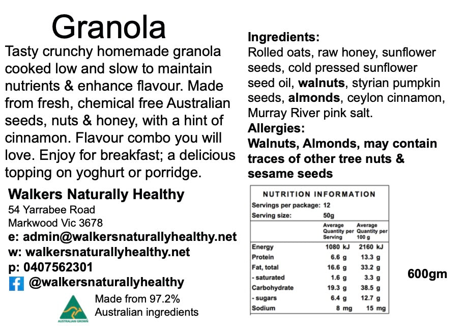 Granola slow cooked, chemical free - Australian seeds & nuts 600gm